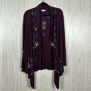 Caite Women's Floral Embroidered Open Front Draped Long Sleeve Cardigan, M